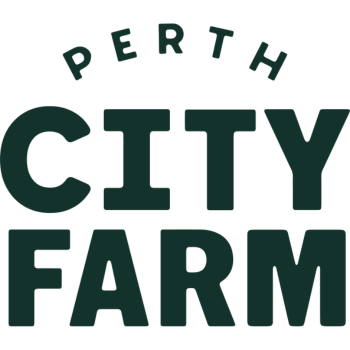 Perth City Farm logo in bold dark green text on a white background.